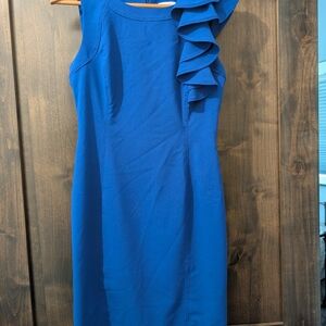 Calvin Klein Blue Asymmetrical Ruffled Cocktail Dress